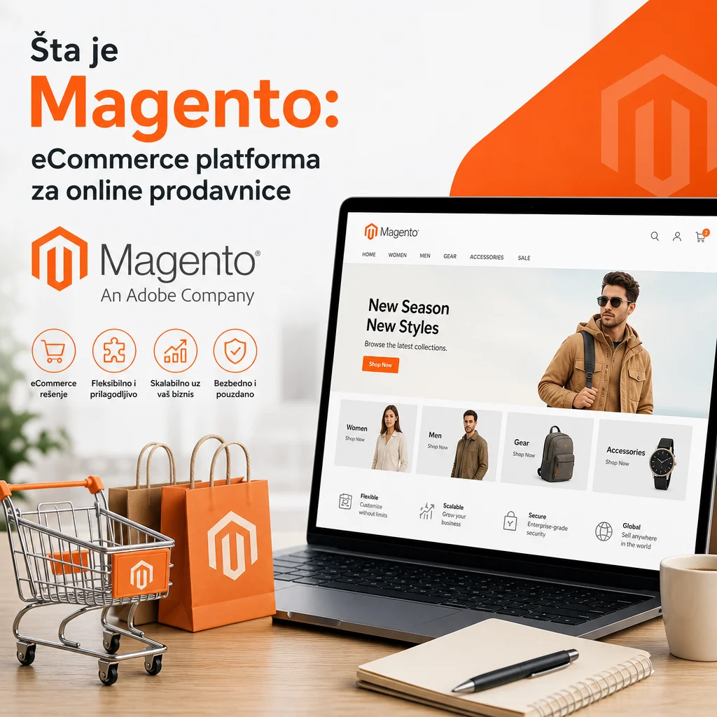Magento eCommerce banner with laptop storefront, shopping cart, and branded shopping bag