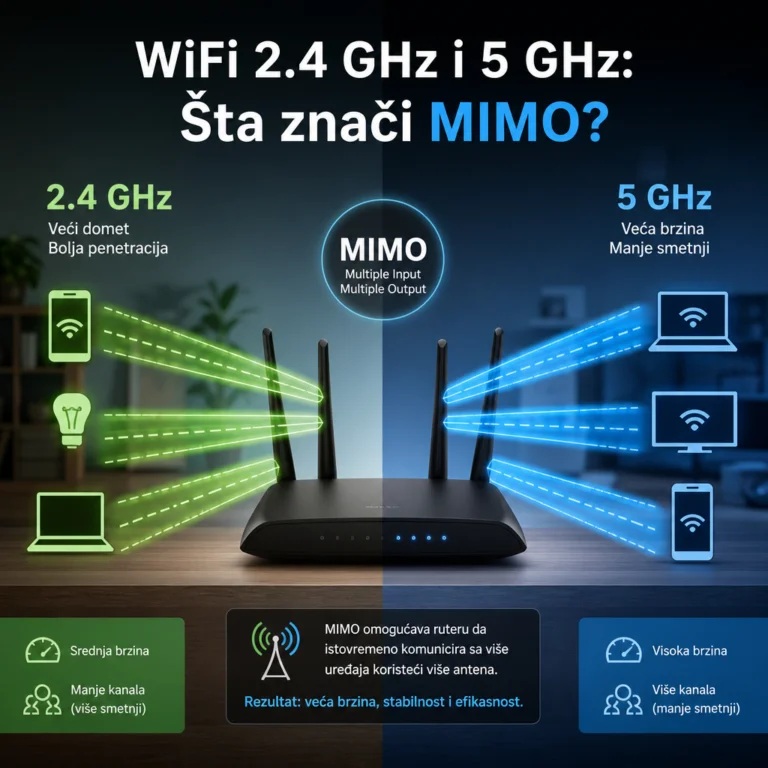 Infografika uspoređuje 2,4 GHz i 5 GHz Wi‑Fi mreže, domet, brzinu i MIMO tehnologiju.